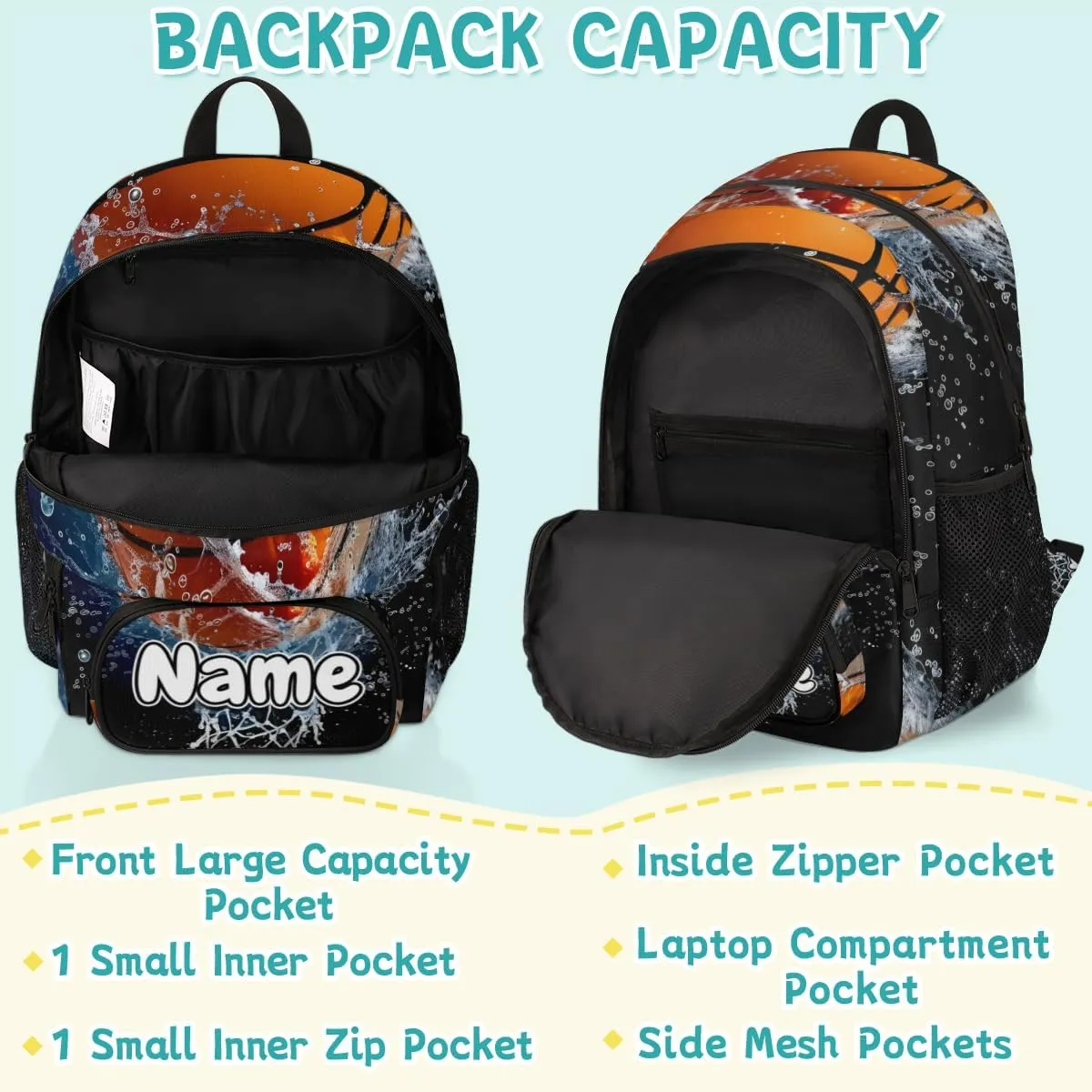 Flame Basketball Large Custom Backpack with Name Lightweight Personalized Shoulder Bag Backpack for Women Men Waterproof Casual Daypack Laptop Bag 16.7in