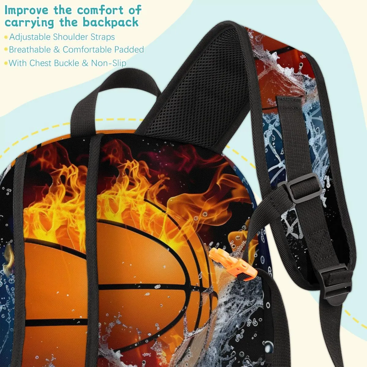 Flame Basketball Large Custom Backpack with Name Lightweight Personalized Shoulder Bag Backpack for Women Men Waterproof Casual Daypack Laptop Bag 16.7in