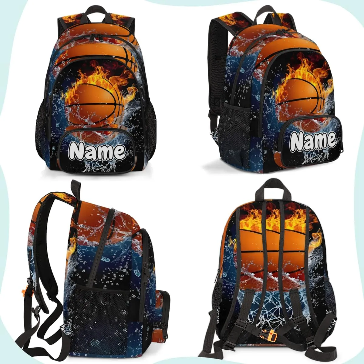 Flame Basketball Large Custom Backpack with Name Lightweight Personalized Shoulder Bag Backpack for Women Men Waterproof Casual Daypack Laptop Bag 16.7in