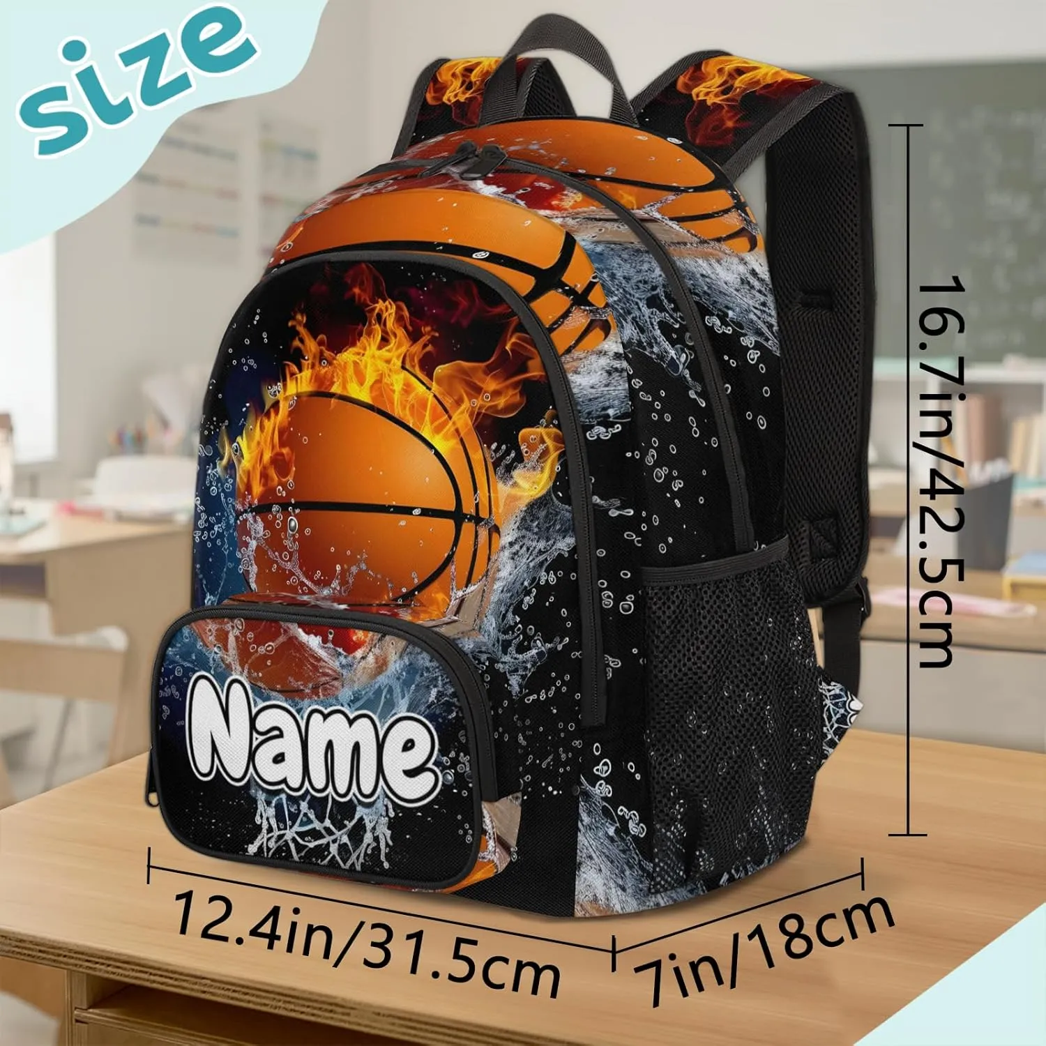 Flame Basketball Large Custom Backpack with Name Lightweight Personalized Shoulder Bag Backpack for Women Men Waterproof Casual Daypack Laptop Bag 16.7in