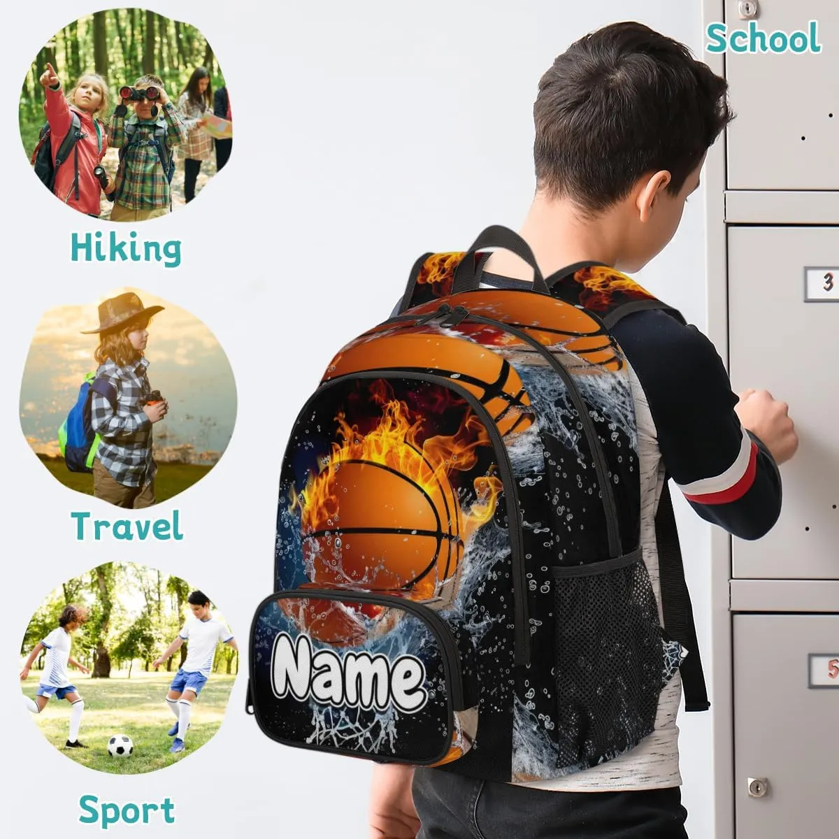 Flame Basketball Large Custom Backpack with Name Lightweight Personalized Shoulder Bag Backpack for Women Men Waterproof Casual Daypack Laptop Bag 16.7in