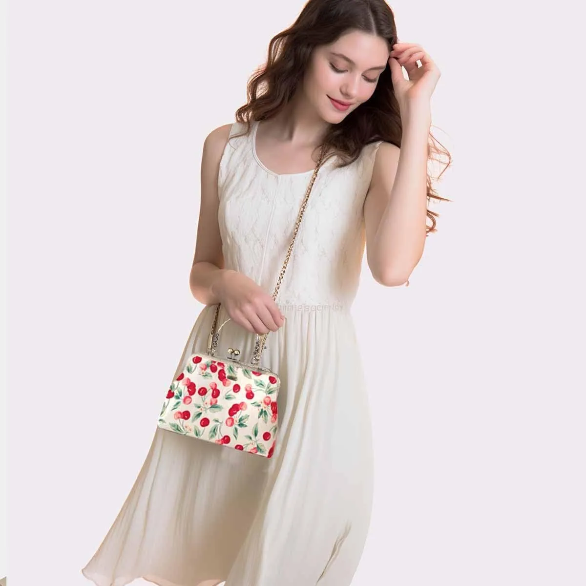 Floral Top-Handle Handbag, Kiss Lock Evening Bag for Women, Vintage Handbag