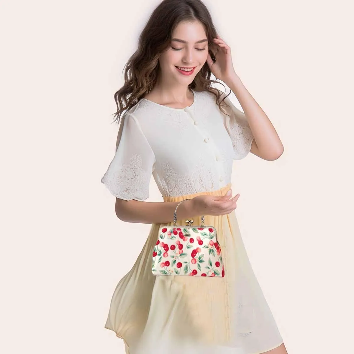 Floral Top-Handle Handbag, Kiss Lock Evening Bag for Women, Vintage Handbag