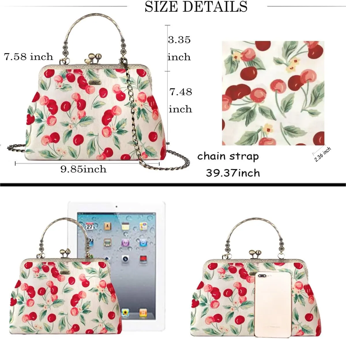 Floral Top-Handle Handbag, Kiss Lock Evening Bag for Women, Vintage Handbag