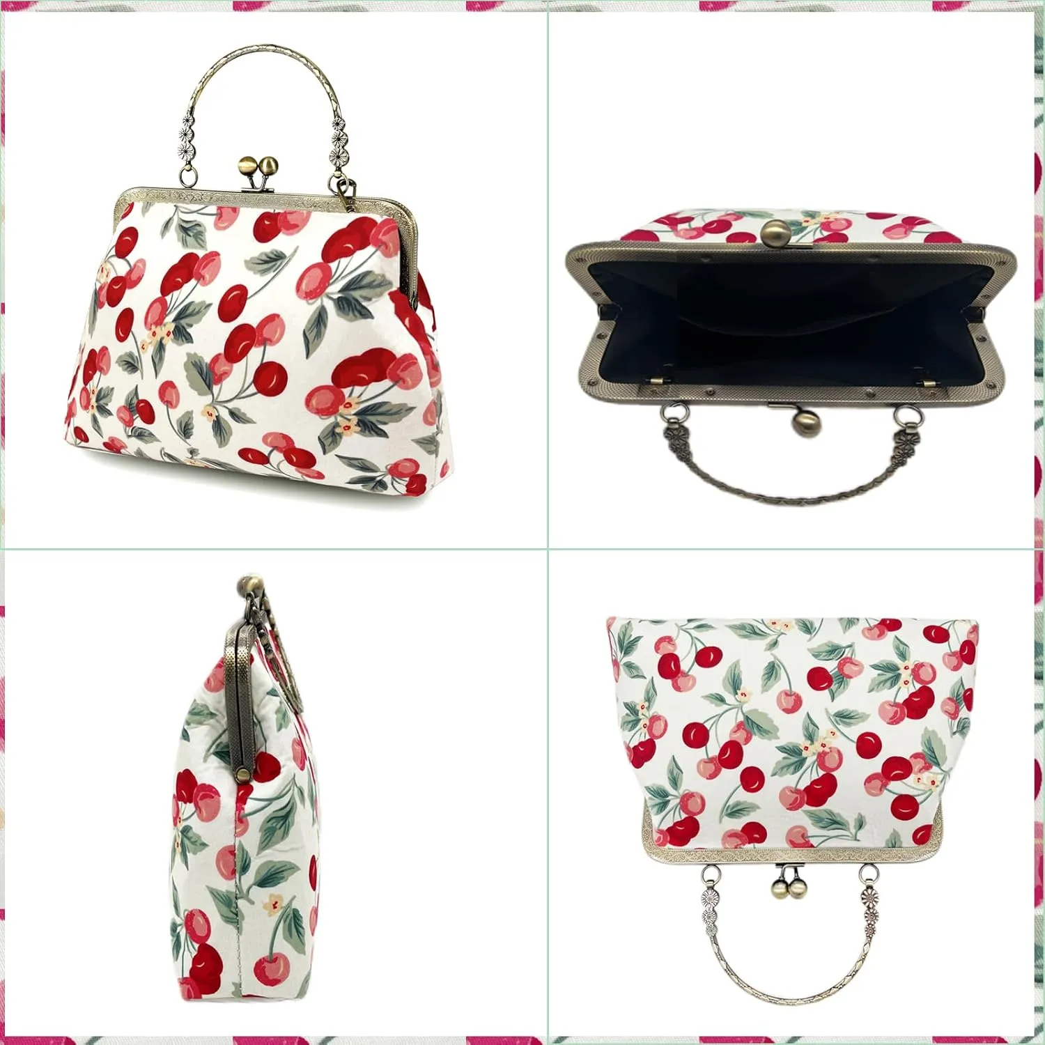 Floral Top-Handle Handbag, Kiss Lock Evening Bag for Women, Vintage Handbag