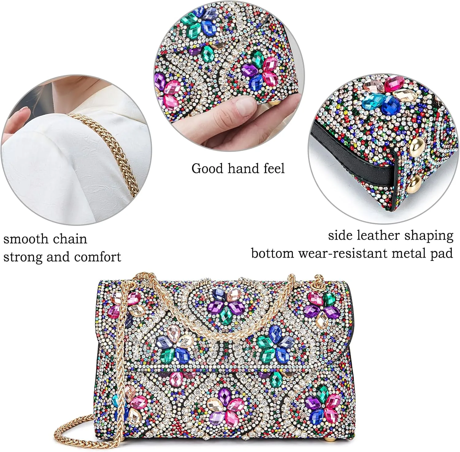 Flower Evening Handbags Chain Strap Square Shoulder Bag Crossbody Bag Crystals Rhinestone Clutch Purse