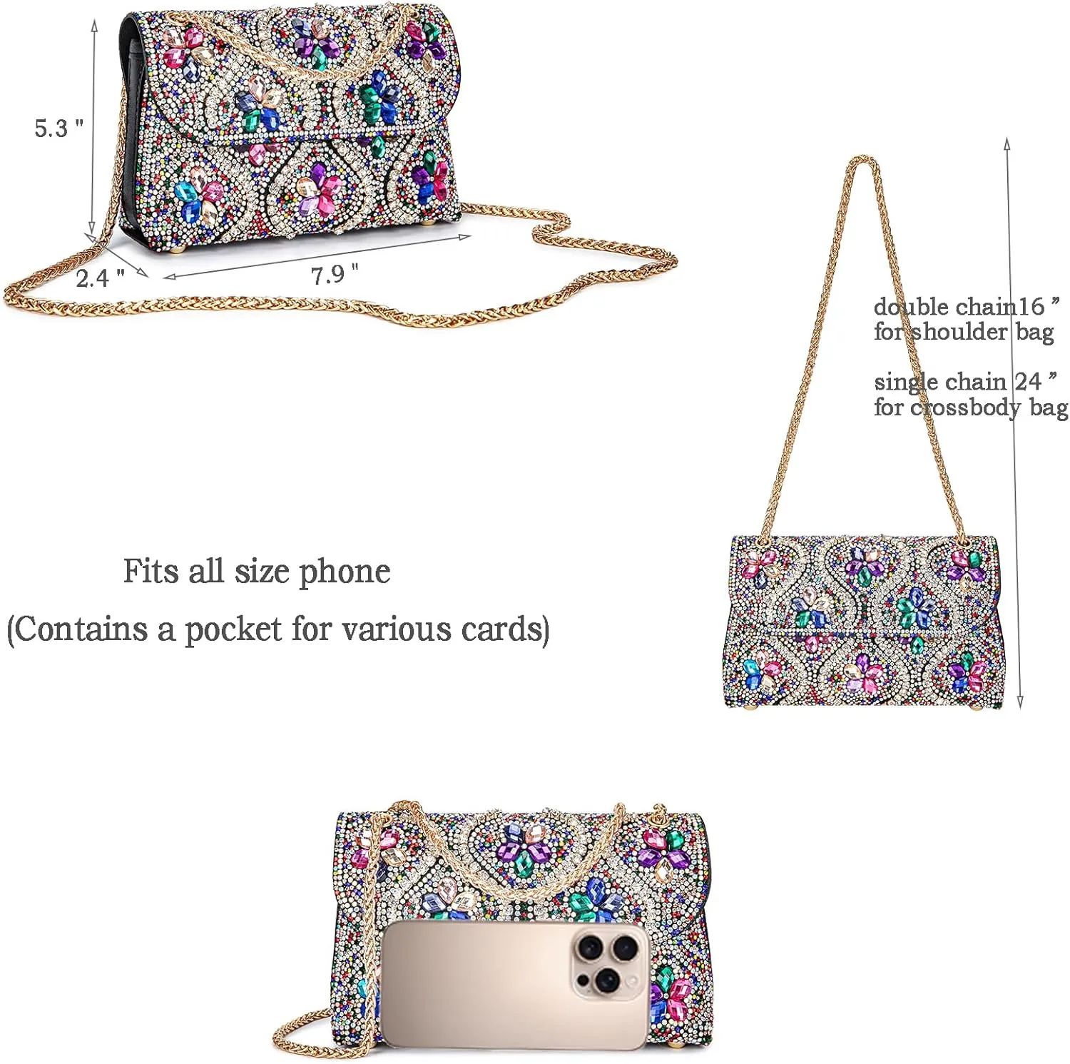 Flower Evening Handbags Chain Strap Square Shoulder Bag Crossbody Bag Crystals Rhinestone Clutch Purse