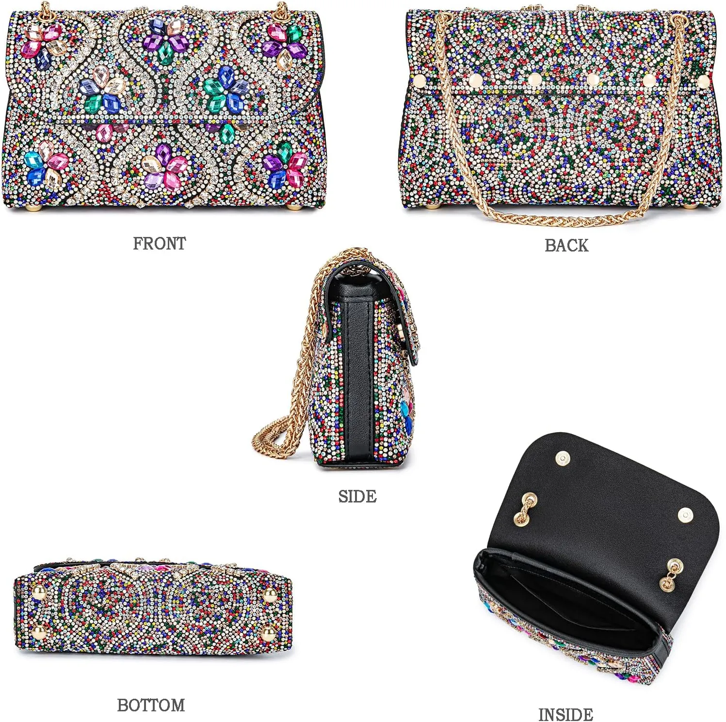 Flower Evening Handbags Chain Strap Square Shoulder Bag Crossbody Bag Crystals Rhinestone Clutch Purse