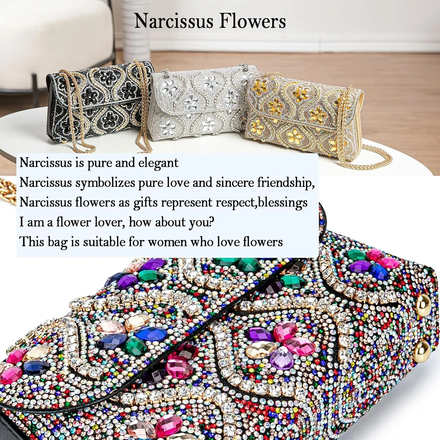 Flower Evening Handbags Chain Strap Square Shoulder Bag Crossbody Bag Crystals Rhinestone Clutch Purse