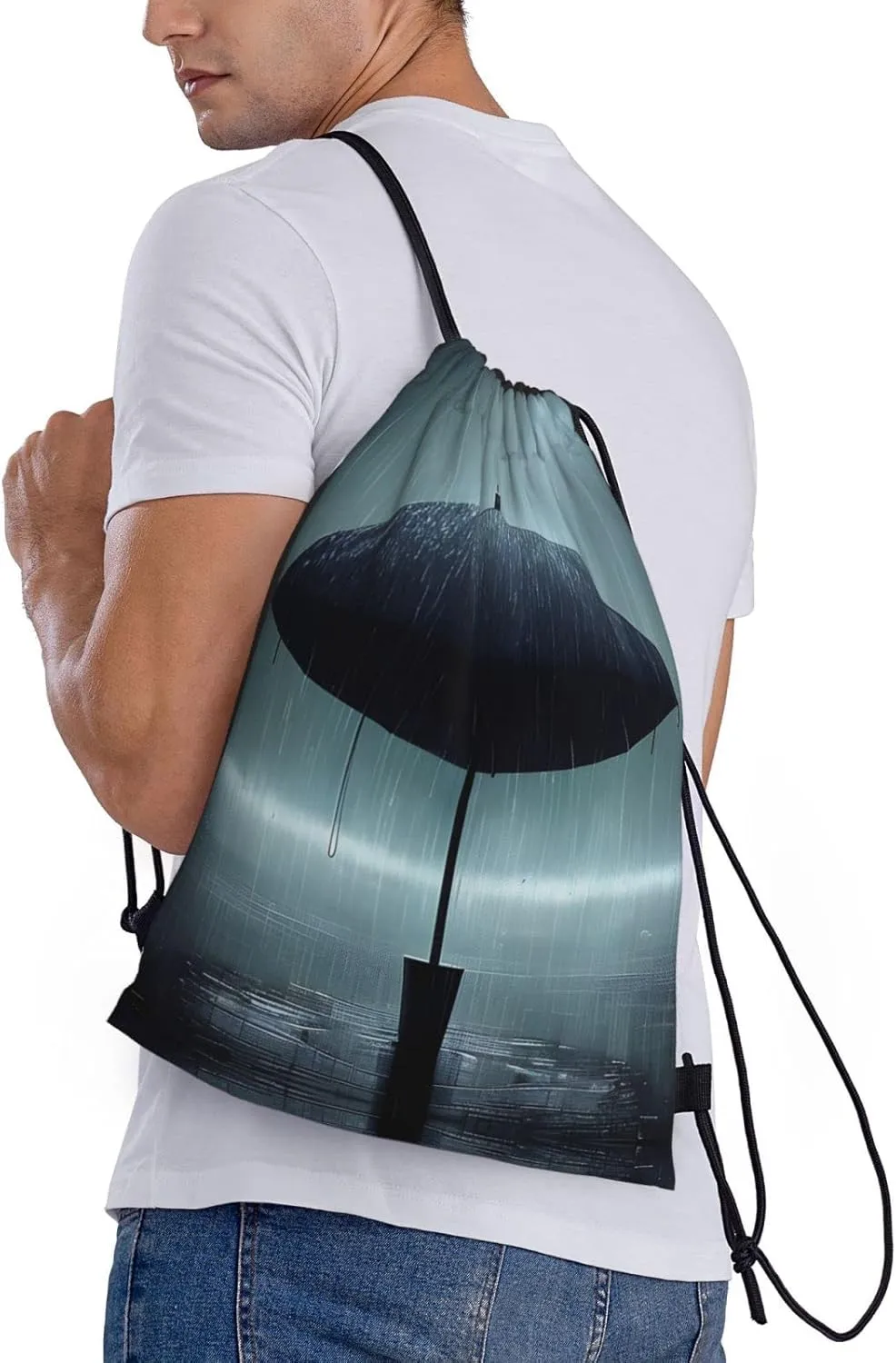 FoRes Black umbrella in the rain Versatile Drawstring Bags - Lightweight Gym Sackpack for Sports, Yoga, Dance, and Travel, Medium