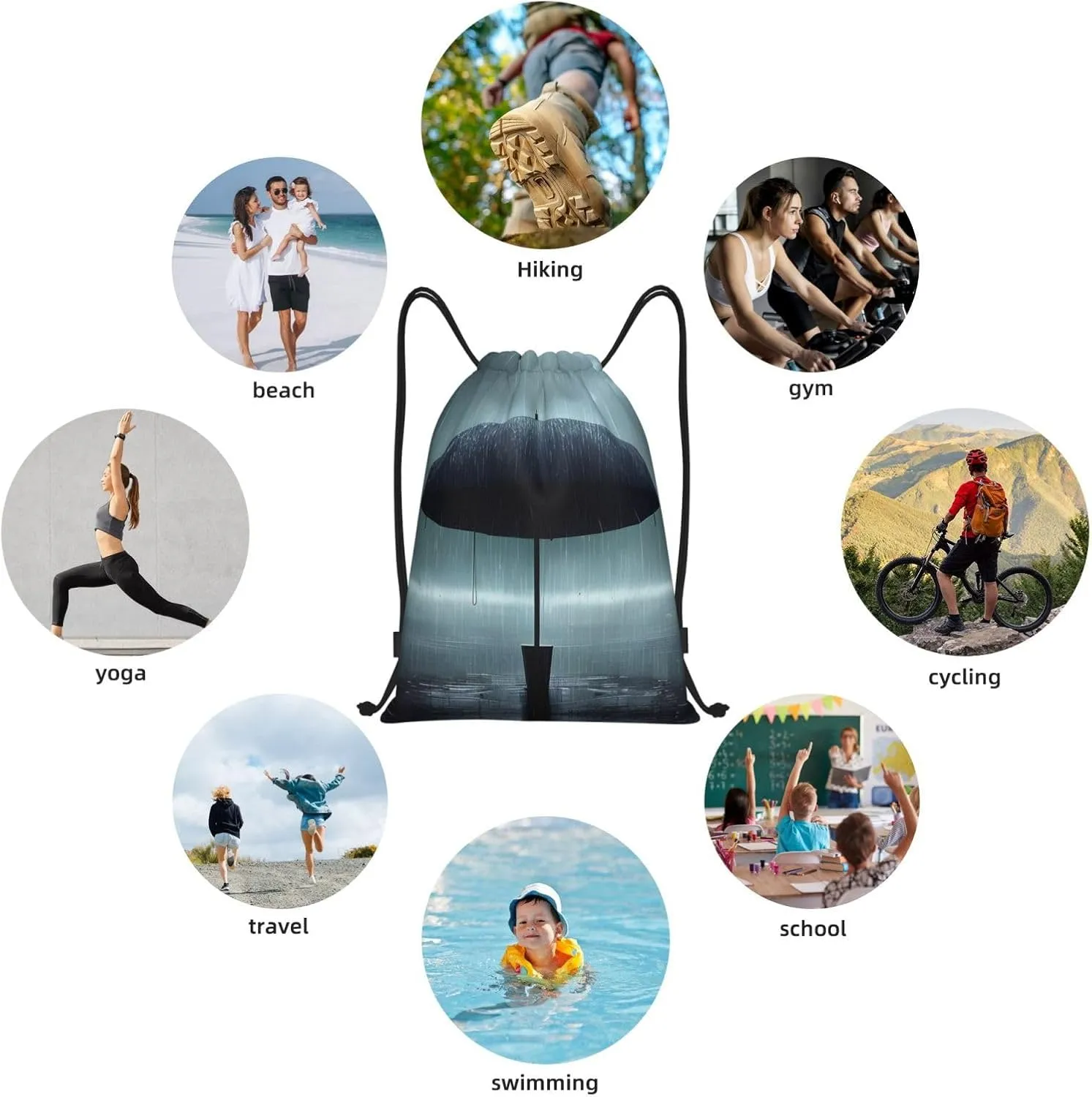 FoRes Black umbrella in the rain Versatile Drawstring Bags - Lightweight Gym Sackpack for Sports, Yoga, Dance, and Travel, Medium
