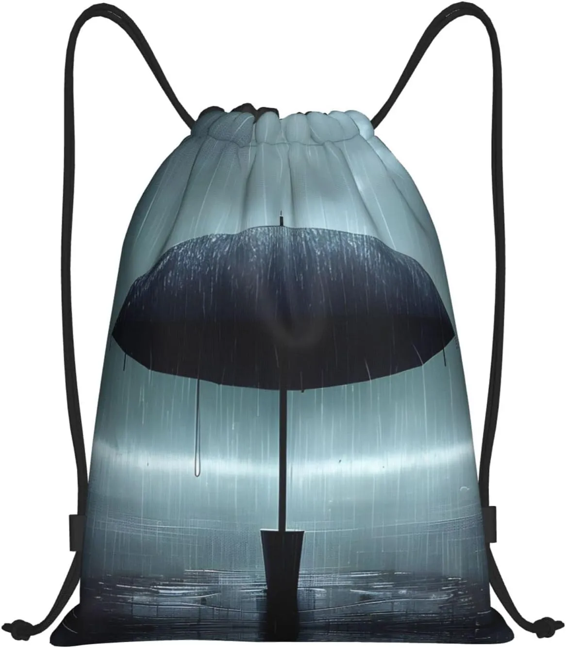 FoRes Black umbrella in the rain Versatile Drawstring Bags - Lightweight Gym Sackpack for Sports, Yoga, Dance, and Travel, Medium