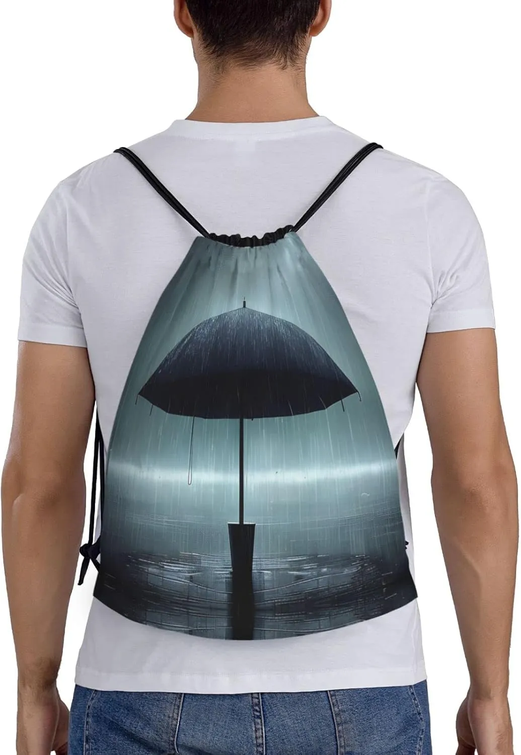 FoRes Black umbrella in the rain Versatile Drawstring Bags - Lightweight Gym Sackpack for Sports, Yoga, Dance, and Travel, Medium