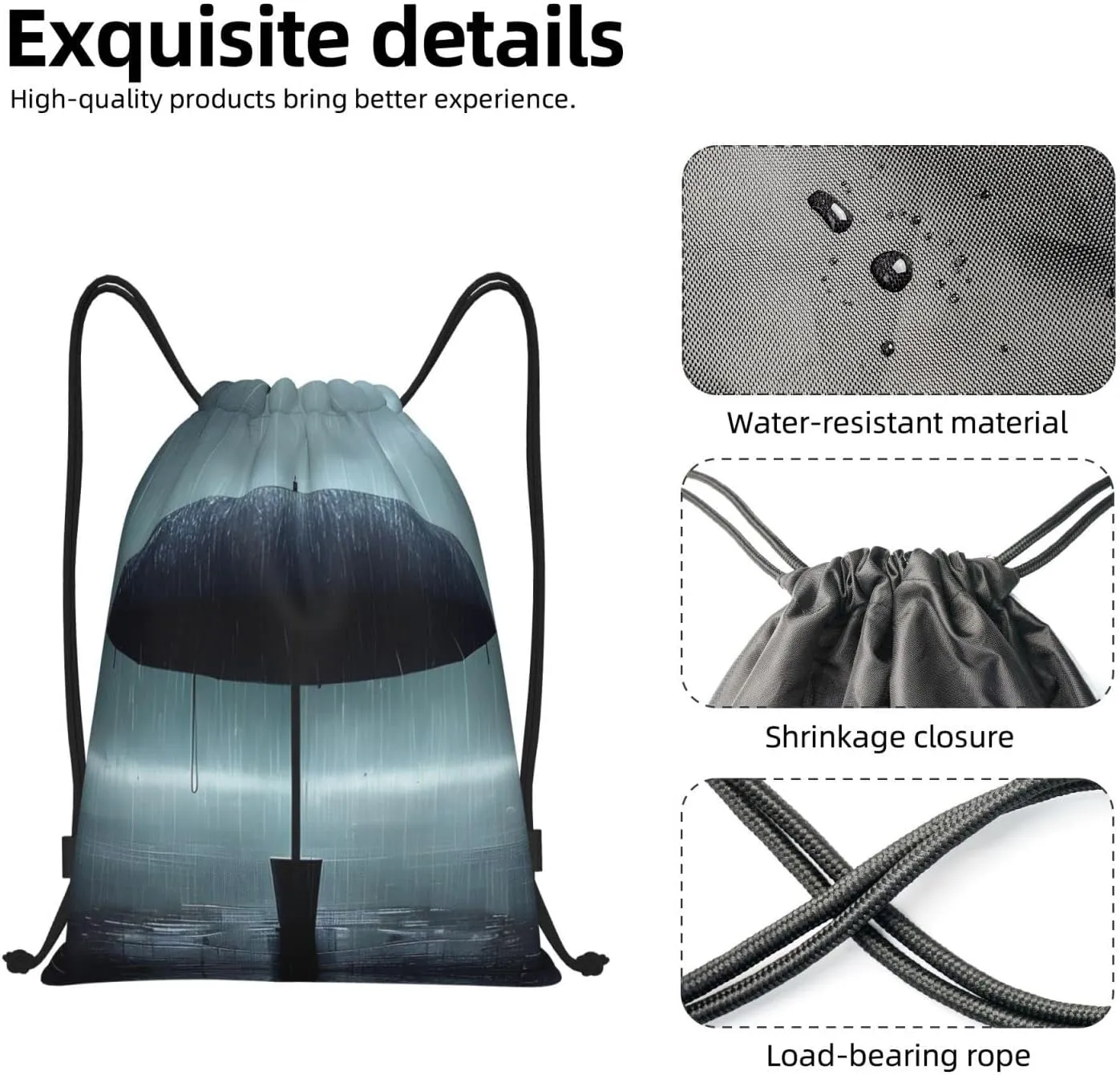 FoRes Black umbrella in the rain Versatile Drawstring Bags - Lightweight Gym Sackpack for Sports, Yoga, Dance, and Travel, Medium