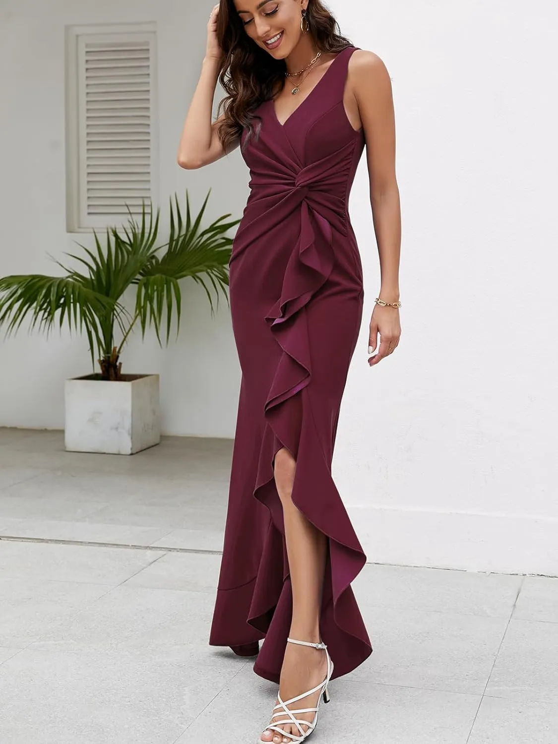 FQA Formal Evening Dresses for Women Elegant Evening Party Prom Dress Long Sexy V Neck Sleeveless Split Wrap