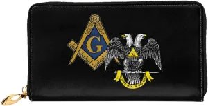 Freemasonry and Scottish Rite Long Leather Clutch Wallet with Dual-Sided Print - Storage bag (12 Card Slots, Zippered Coin Pocket)
