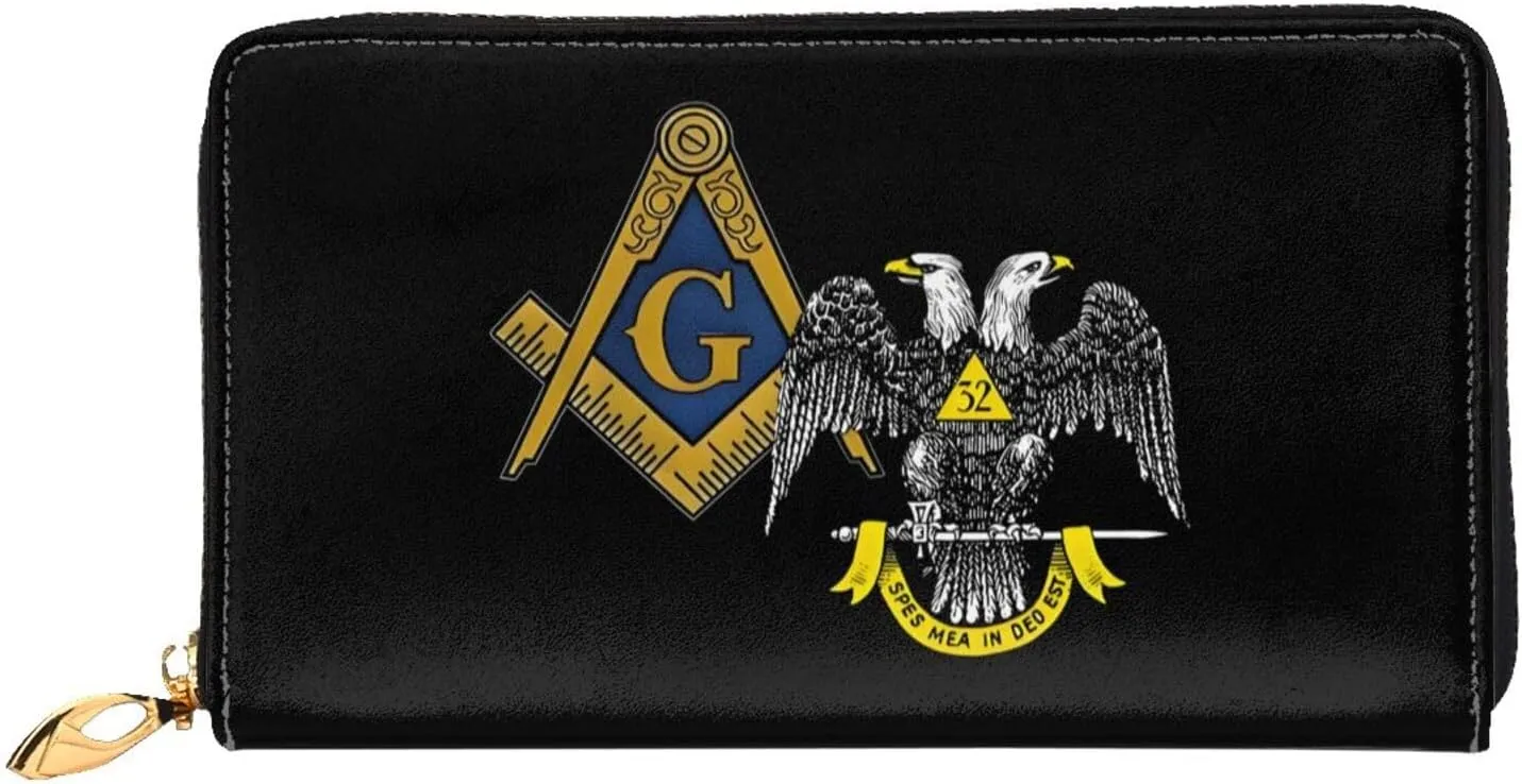 Freemasonry and Scottish Rite Long Leather Clutch Wallet with Dual-Sided Print - Storage bag (12 Card Slots, Zippered Coin Pocket)