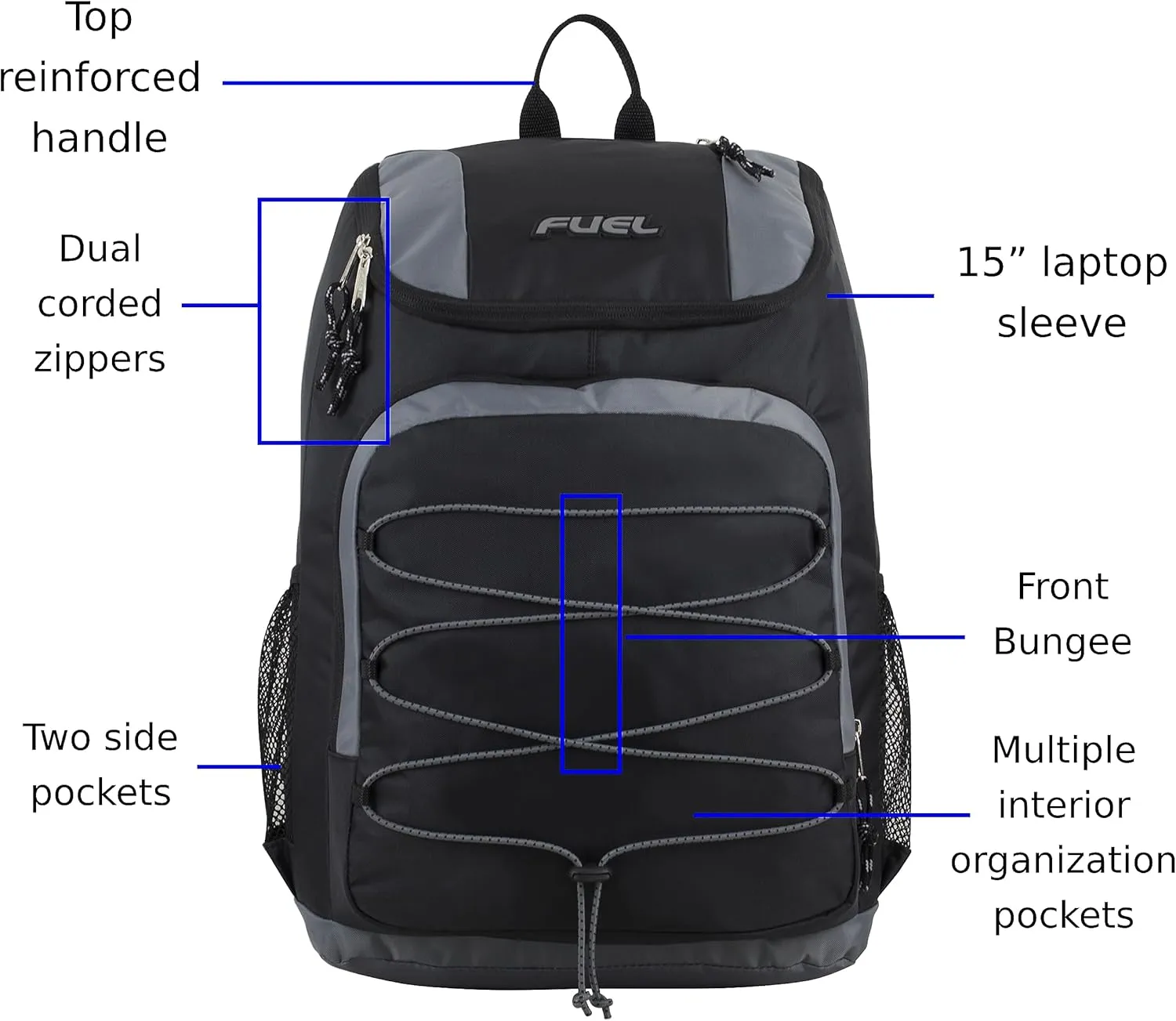 FUEL Wide Mouth Sports Luggage Backpack with Laptop Compartment for Work, Travel, Outdoors, Black/Graphite