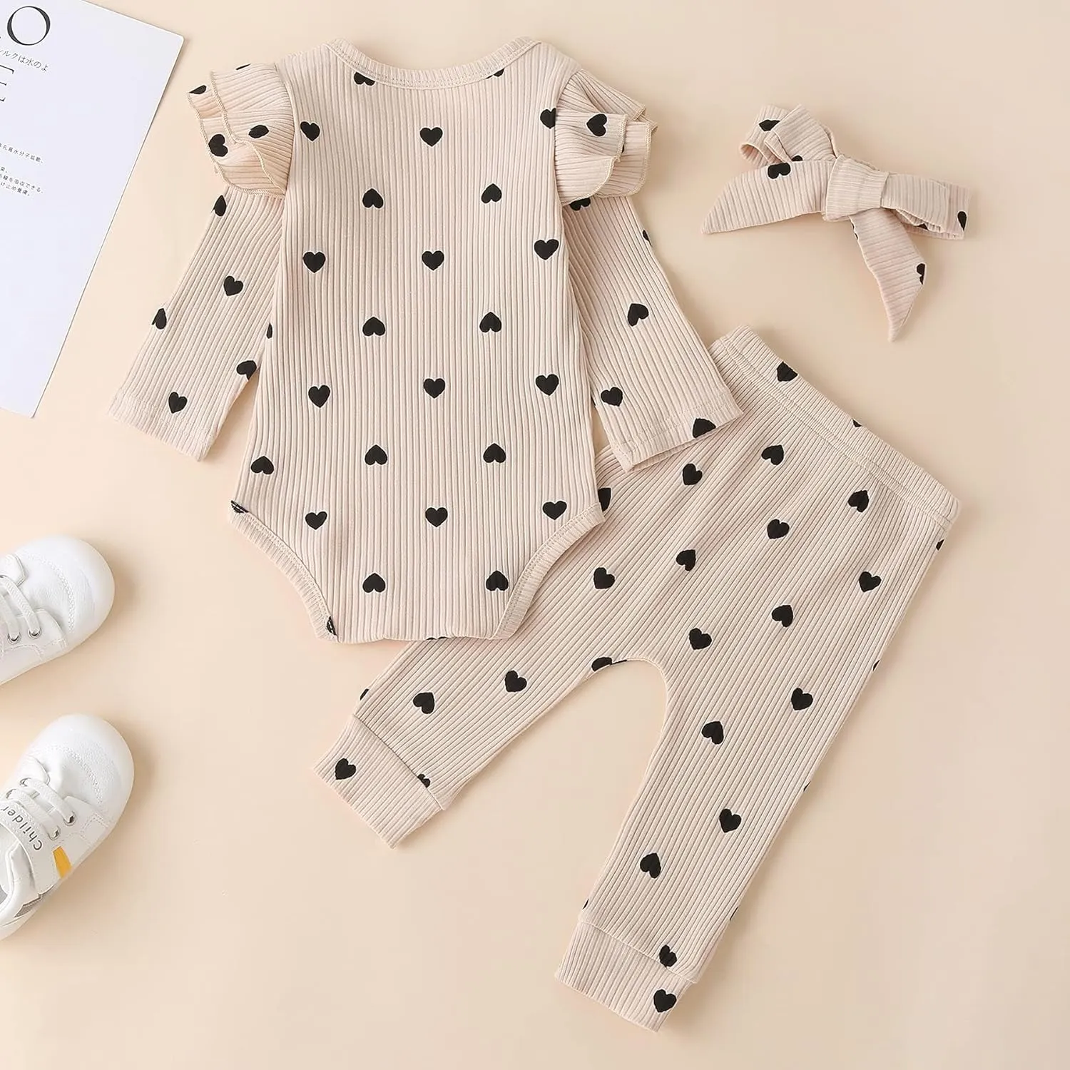 Fullfamous Baby Girl's 3pc Rib Frill Long Sleeve Romper and Pant Set
