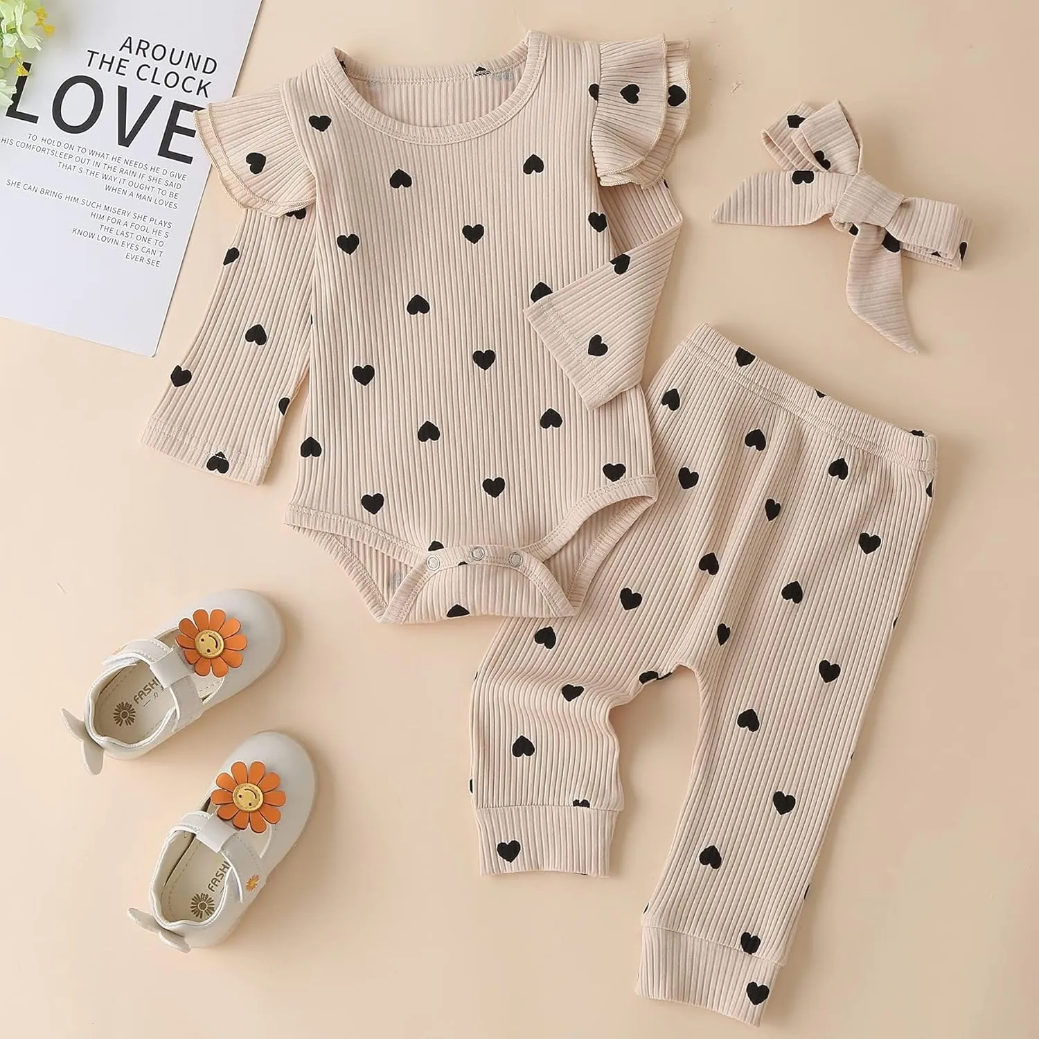 Fullfamous Baby Girl's 3pc Rib Frill Long Sleeve Romper and Pant Set