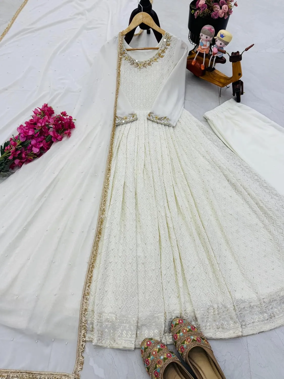 Fully Stitched Fox Georgette Gown Set with Mirror & Sequin Work | Dupatta & Pant | Partywear Dress for Women - M to XXL