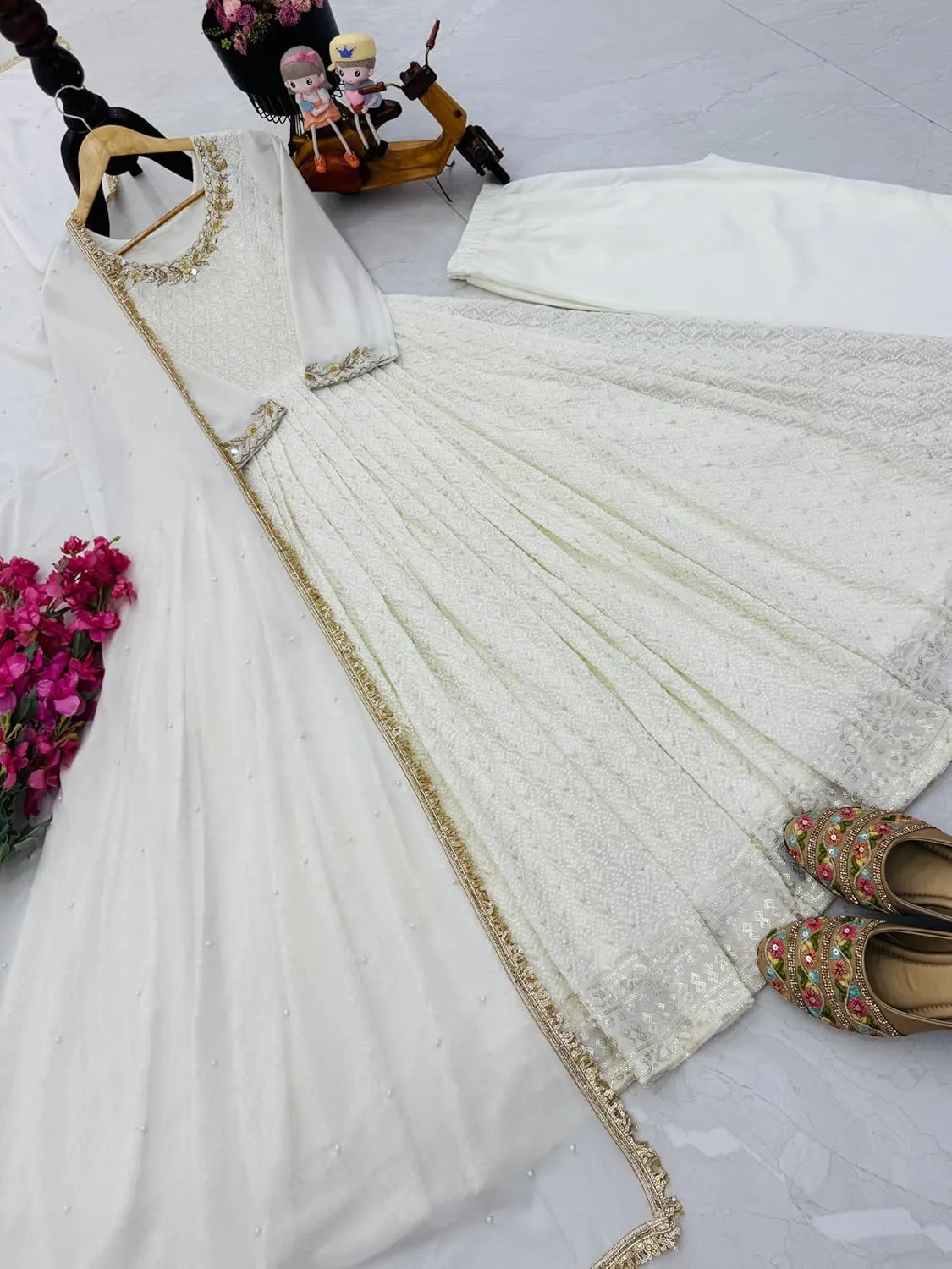 Fully Stitched Fox Georgette Gown Set with Mirror & Sequin Work | Dupatta & Pant | Partywear Dress for Women - M to XXL