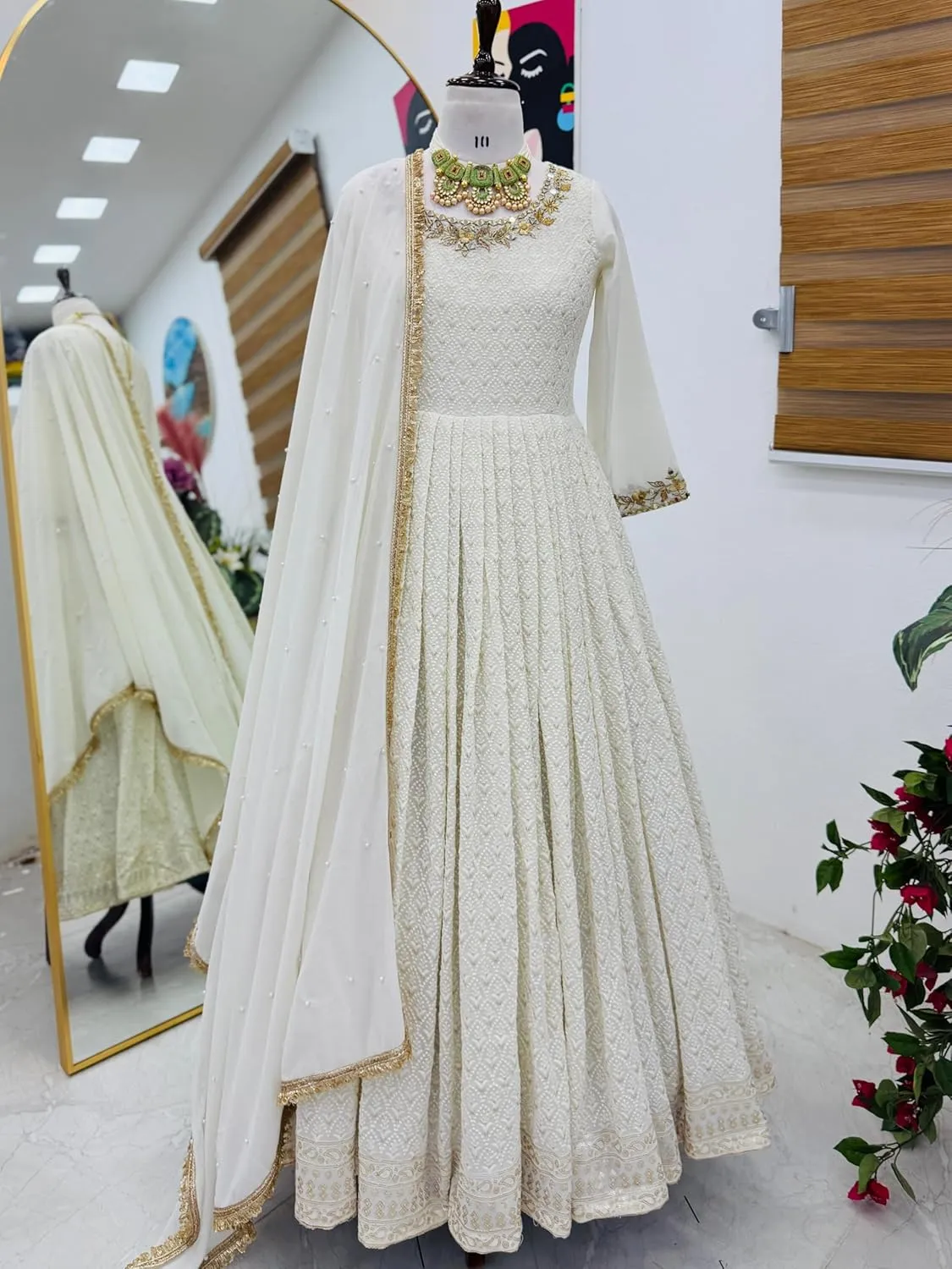 Fully Stitched Fox Georgette Gown Set with Mirror & Sequin Work | Dupatta & Pant | Partywear Dress for Women - M to XXL