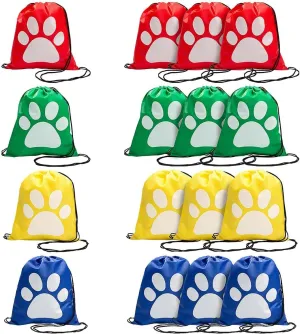 Fun Express Paw Print Drawstring Backpack - set of 12 reusable bags - Puppy, Patrol and Cat Party Favor Bags