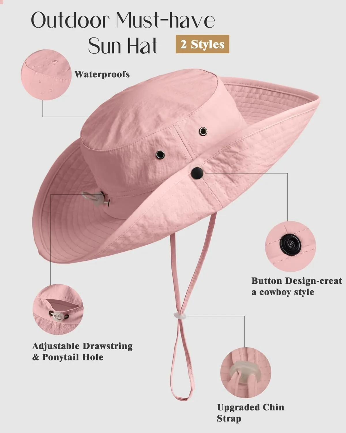 FURTALK Sun Hats for Women Ponytail UPF 80  Beach Summer Hat Wide Brim Packable Cowboy Hat