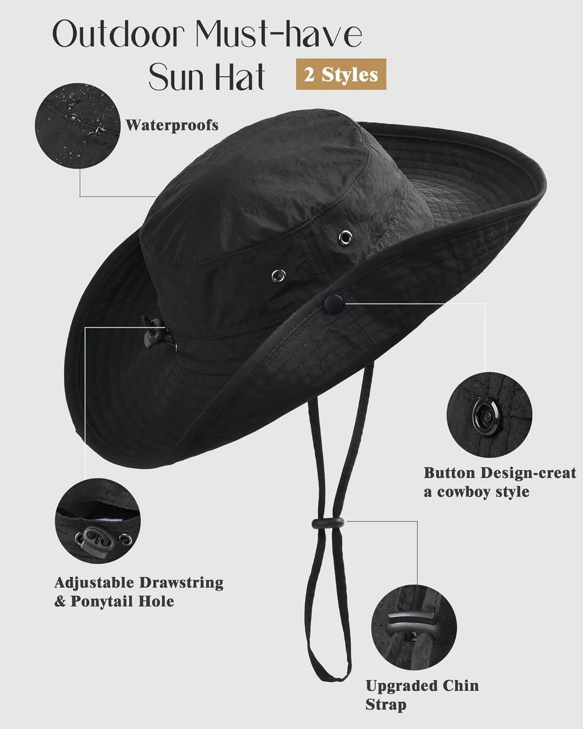 FURTALK Sun Hats for Women Ponytail UPF 80  Beach Summer Hat Wide Brim Packable Cowboy Hat