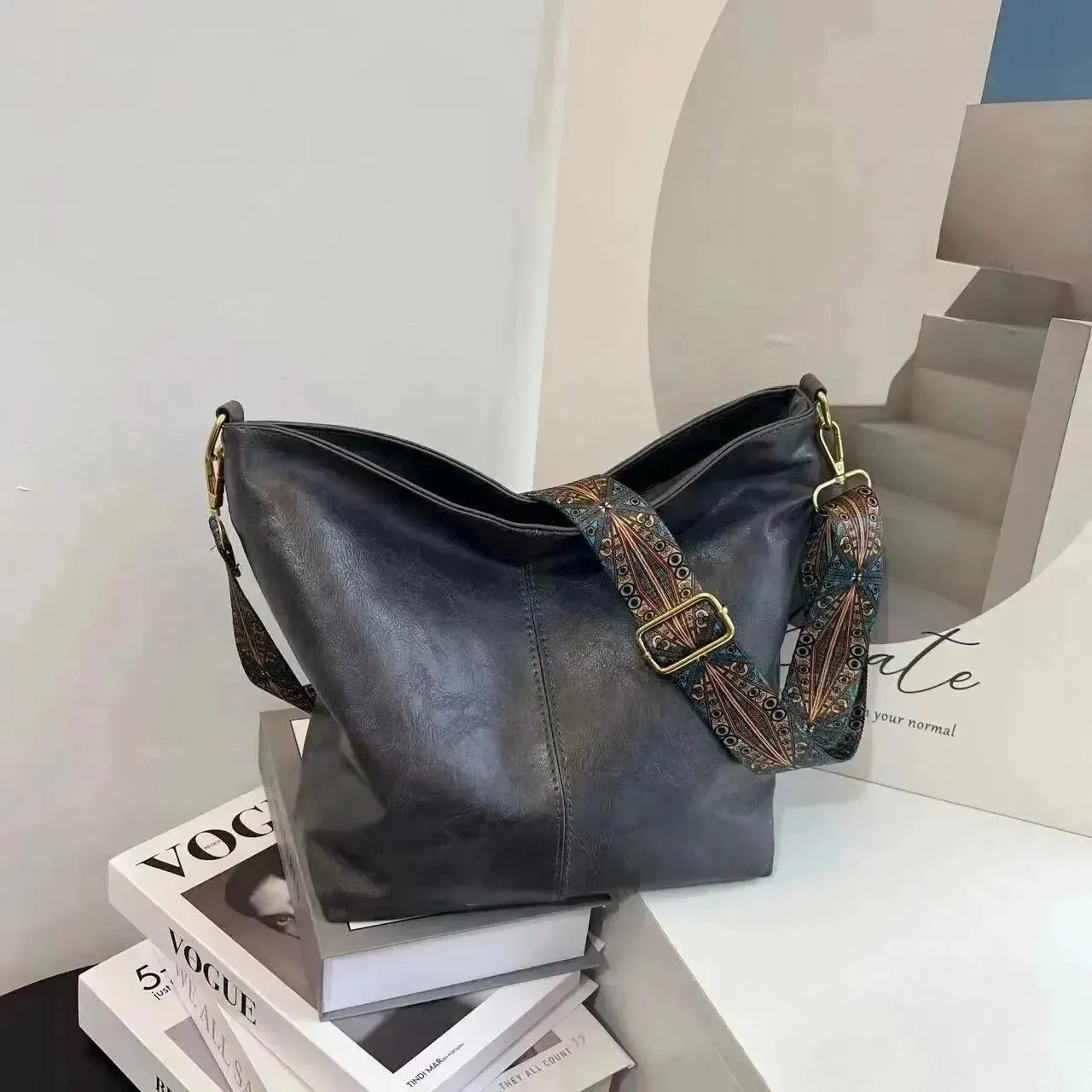 FZ Vintage PU Leather Shoulder Sling Wide Strap Crossbody Bucket Bag