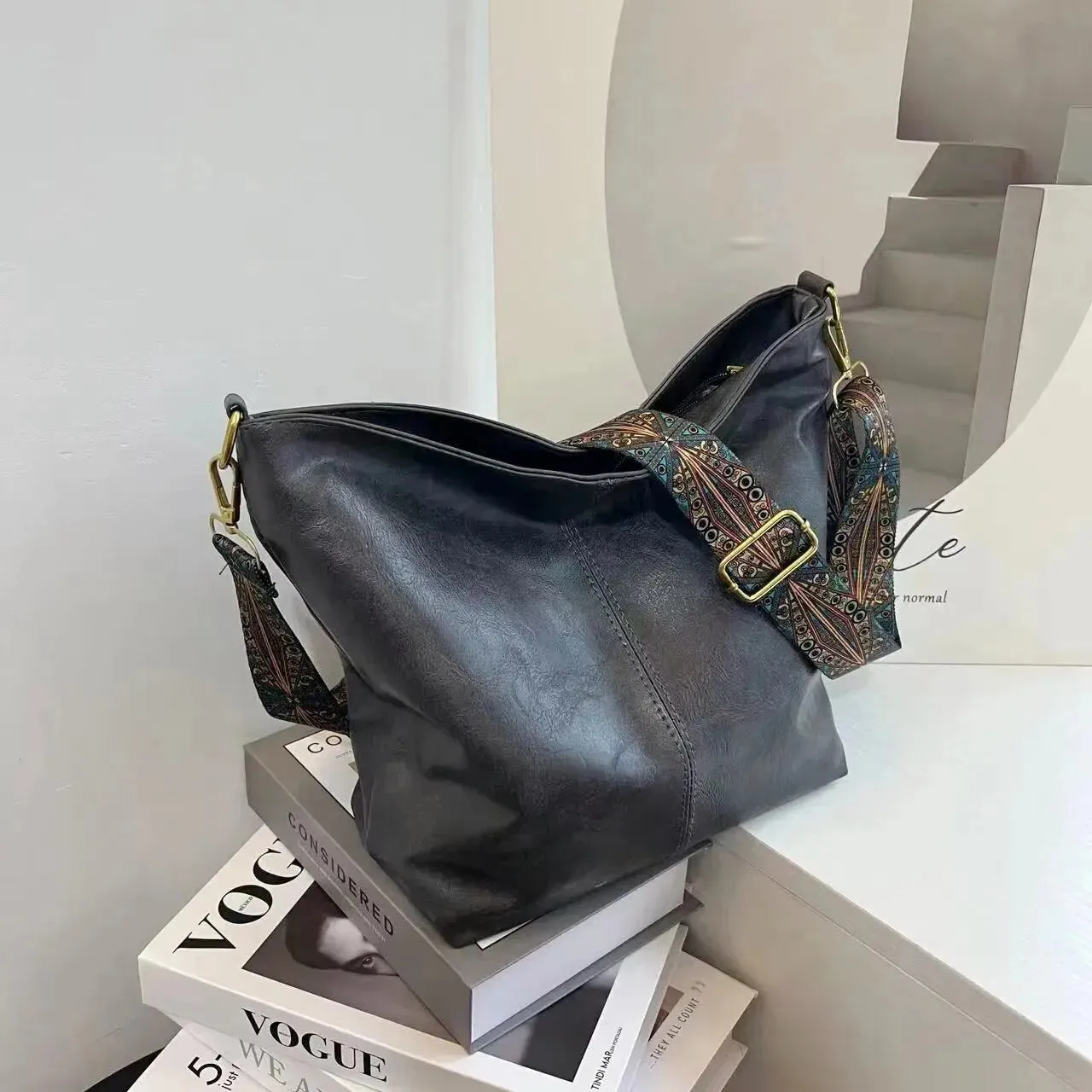 FZ Vintage PU Leather Shoulder Sling Wide Strap Crossbody Bucket Bag