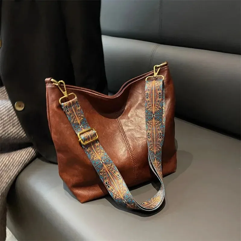 FZ Vintage PU Leather Shoulder Sling Wide Strap Crossbody Bucket Bag