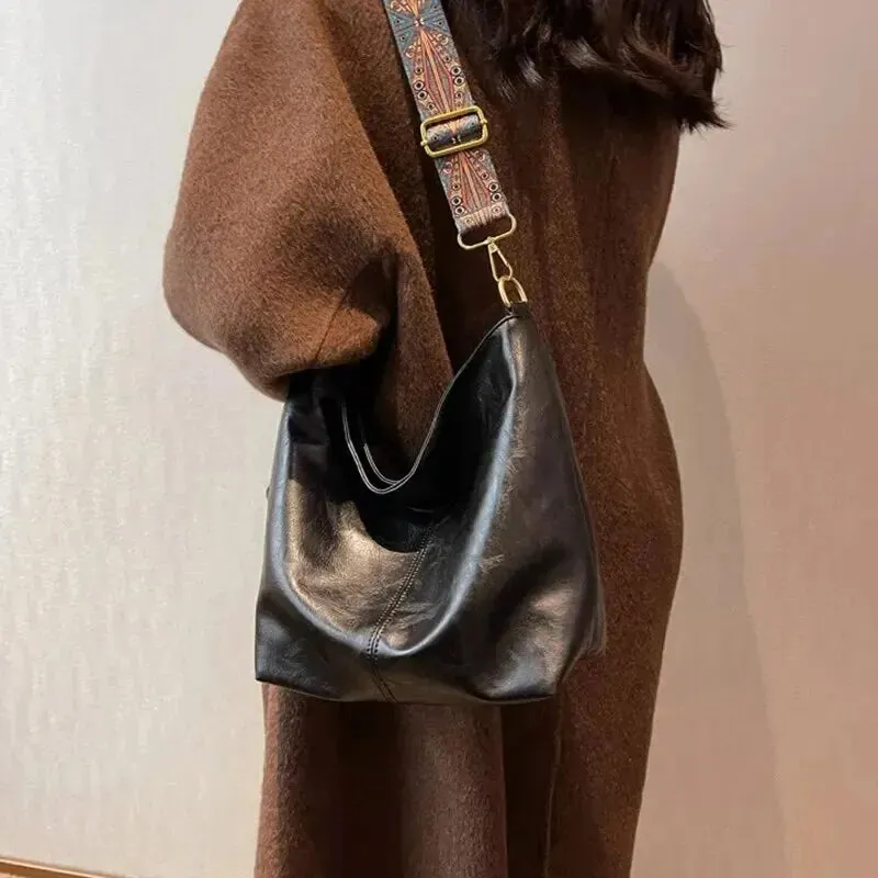 FZ Vintage PU Leather Shoulder Sling Wide Strap Crossbody Bucket Bag