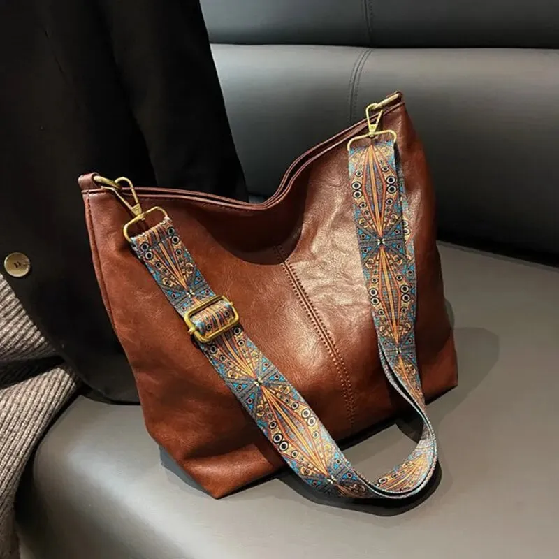 FZ Vintage PU Leather Shoulder Sling Wide Strap Crossbody Bucket Bag