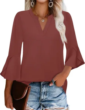 Gaharu Women's Work Blouses Ruffle 3/4 Sleeve Dressy Top V Neck Casual Chiffon Tunic Blouses Business Shirts