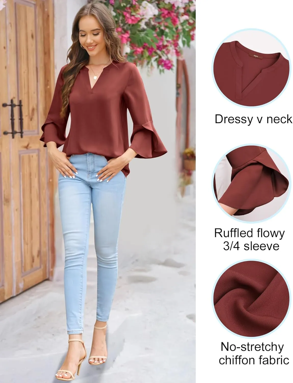 Gaharu Women's Work Blouses Ruffle 3/4 Sleeve Dressy Top V Neck Casual Chiffon Tunic Blouses Business Shirts