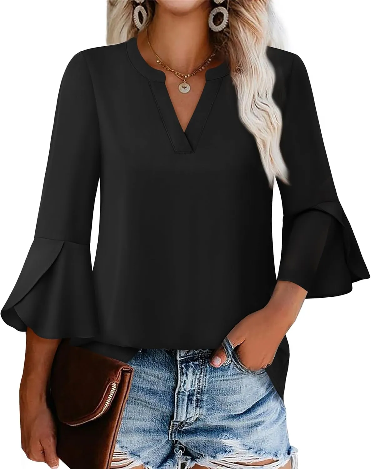 Gaharu Women's Work Blouses Ruffle 3/4 Sleeve Dressy Top V Neck Casual Chiffon Tunic Blouses Business Shirts