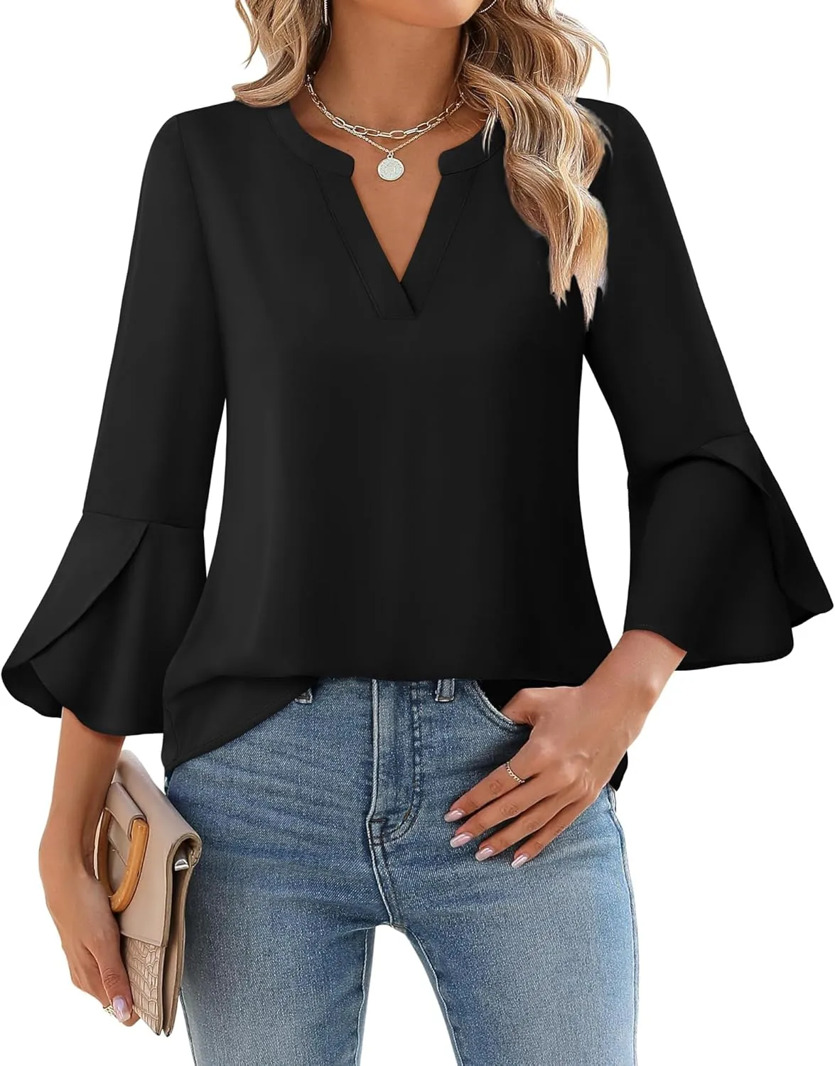 Gaharu Women's Work Blouses Ruffle 3/4 Sleeve Dressy Top V Neck Casual Chiffon Tunic Blouses Business Shirts