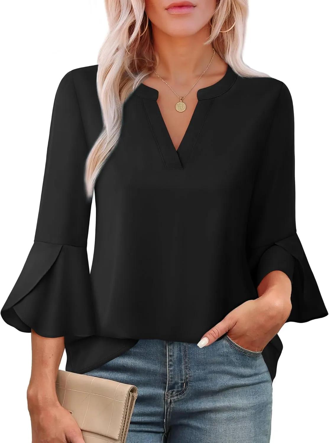 Gaharu Women's Work Blouses Ruffle 3/4 Sleeve Dressy Top V Neck Casual Chiffon Tunic Blouses Business Shirts