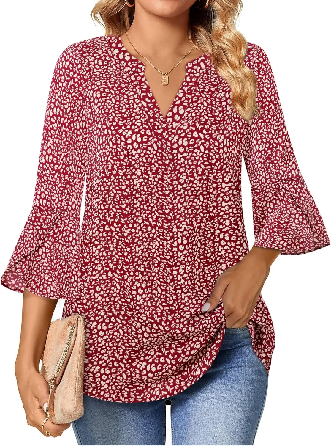 Gaharu Women's Work Blouses Ruffle 3/4 Sleeve Dressy Top V Neck Casual Chiffon Tunic Blouses Business Shirts