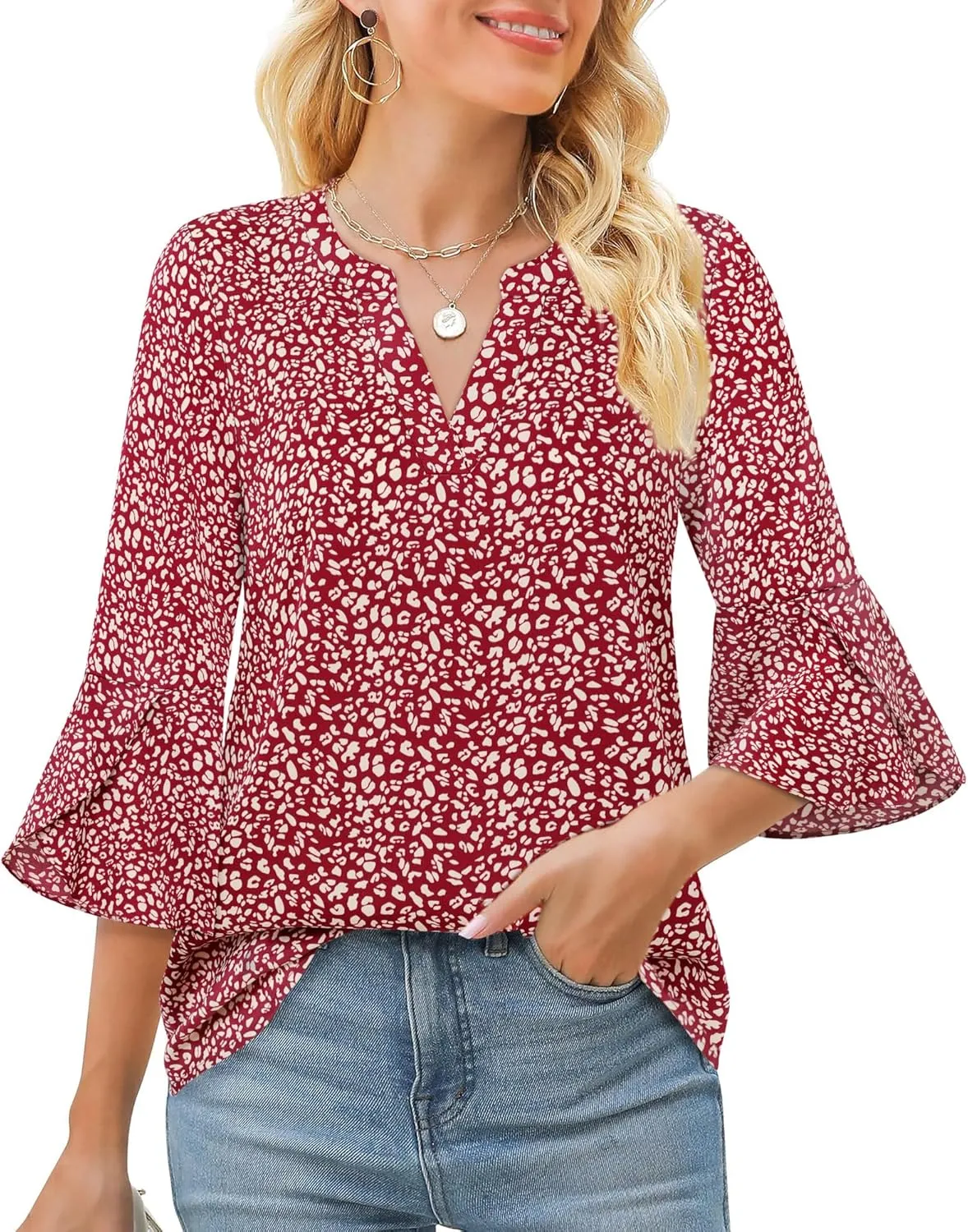 Gaharu Women's Work Blouses Ruffle 3/4 Sleeve Dressy Top V Neck Casual Chiffon Tunic Blouses Business Shirts