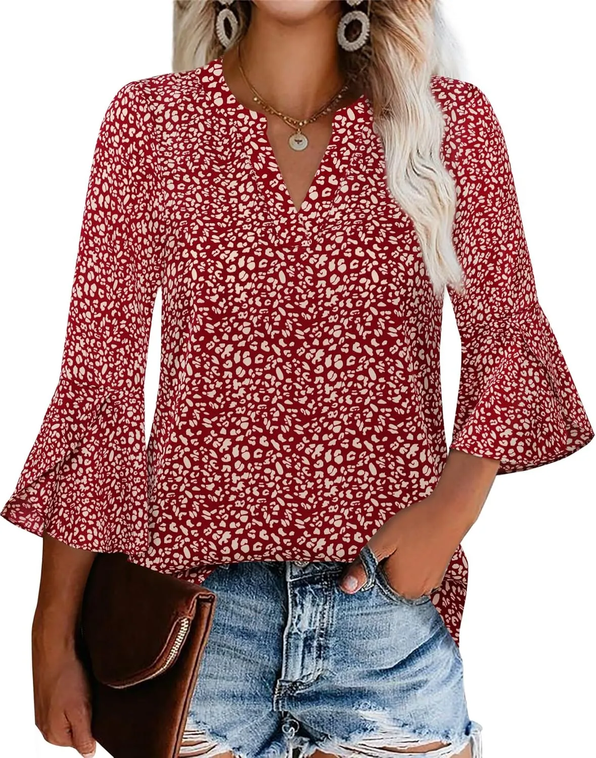 Gaharu Women's Work Blouses Ruffle 3/4 Sleeve Dressy Top V Neck Casual Chiffon Tunic Blouses Business Shirts