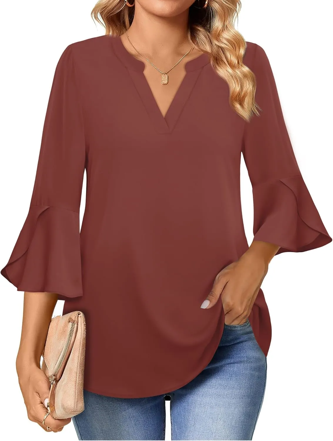 Gaharu Women's Work Blouses Ruffle 3/4 Sleeve Dressy Top V Neck Casual Chiffon Tunic Blouses Business Shirts
