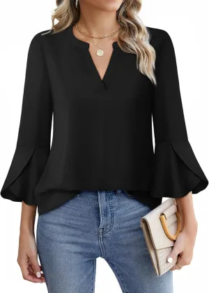 Gaharu Women's Work Blouses Ruffle 3/4 Sleeve Dressy Top V Neck Casual Chiffon Tunic Blouses Business Shirts
