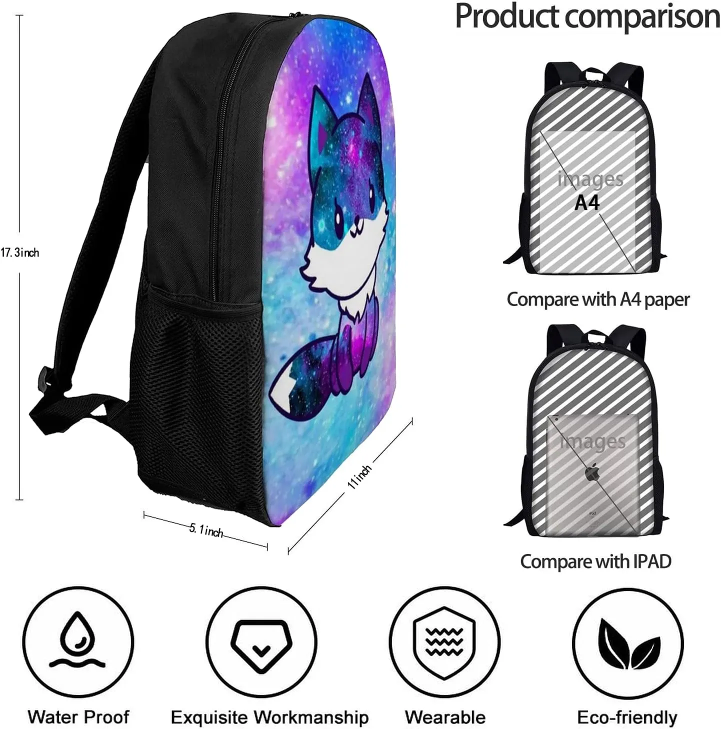 Galaxy Fox Pattern Backpack,Lightweight School College Bookbag Casual Student Travel Laptop Daypack - 17inch