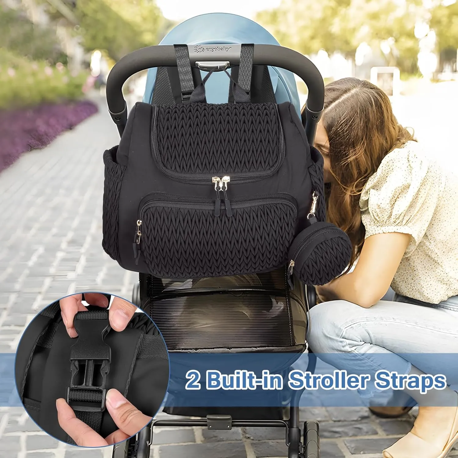 Geestock Diaper Bag Backpack, Multifunction Quilted Baby Diaper Bag with Changing Pad, Pacifier Case & Stroller Straps, Parents Essentials, Black