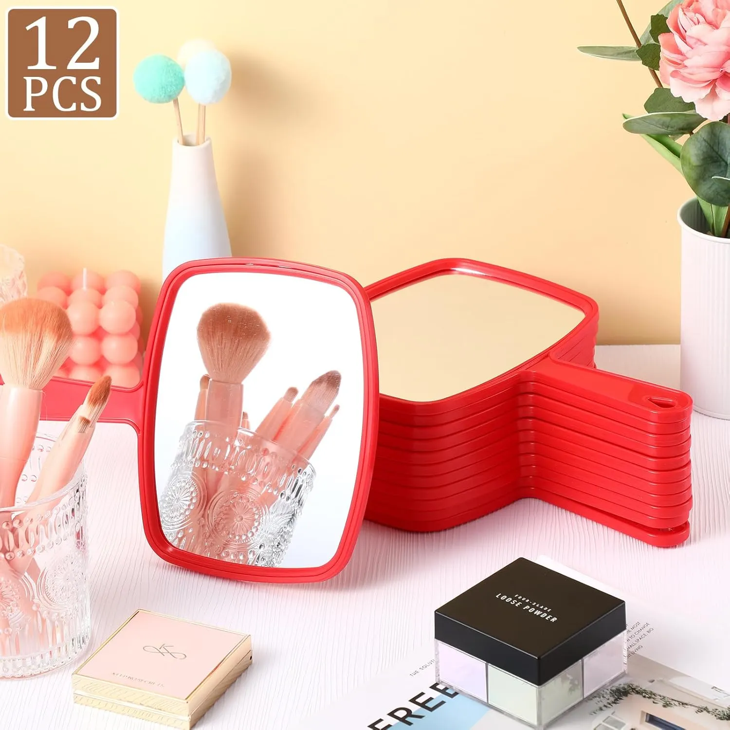 Geetery 12 Pcs Hand Mirror Handheld Makeup Mirrors with Handle Wall Mount for Cosmetic Bathroom Home Barber Salon Travel Portable Beauty School Gift for Women Student 6.69 x 9.45 Inch(Red)