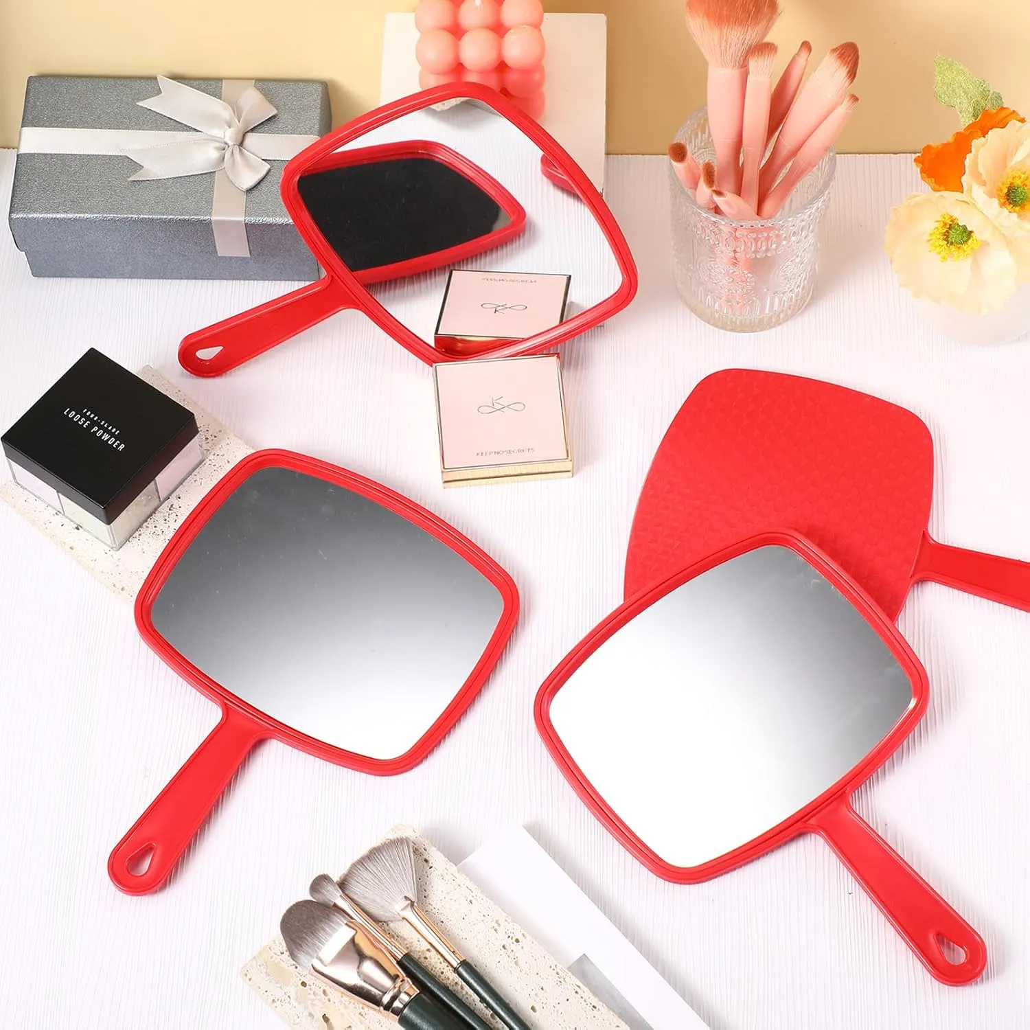 Geetery 12 Pcs Hand Mirror Handheld Makeup Mirrors with Handle Wall Mount for Cosmetic Bathroom Home Barber Salon Travel Portable Beauty School Gift for Women Student 6.69 x 9.45 Inch(Red)