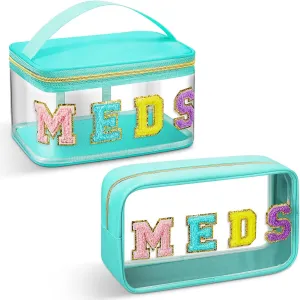 Geetery 2 Pcs Clear Preppy Makeup Bags Chenille Letter Patch Pouch Skin Care Bag with Zipper Clear Pouch Chenille Letter Bag Travel Toiletry Storage Bag for Women(Classic,Green)
